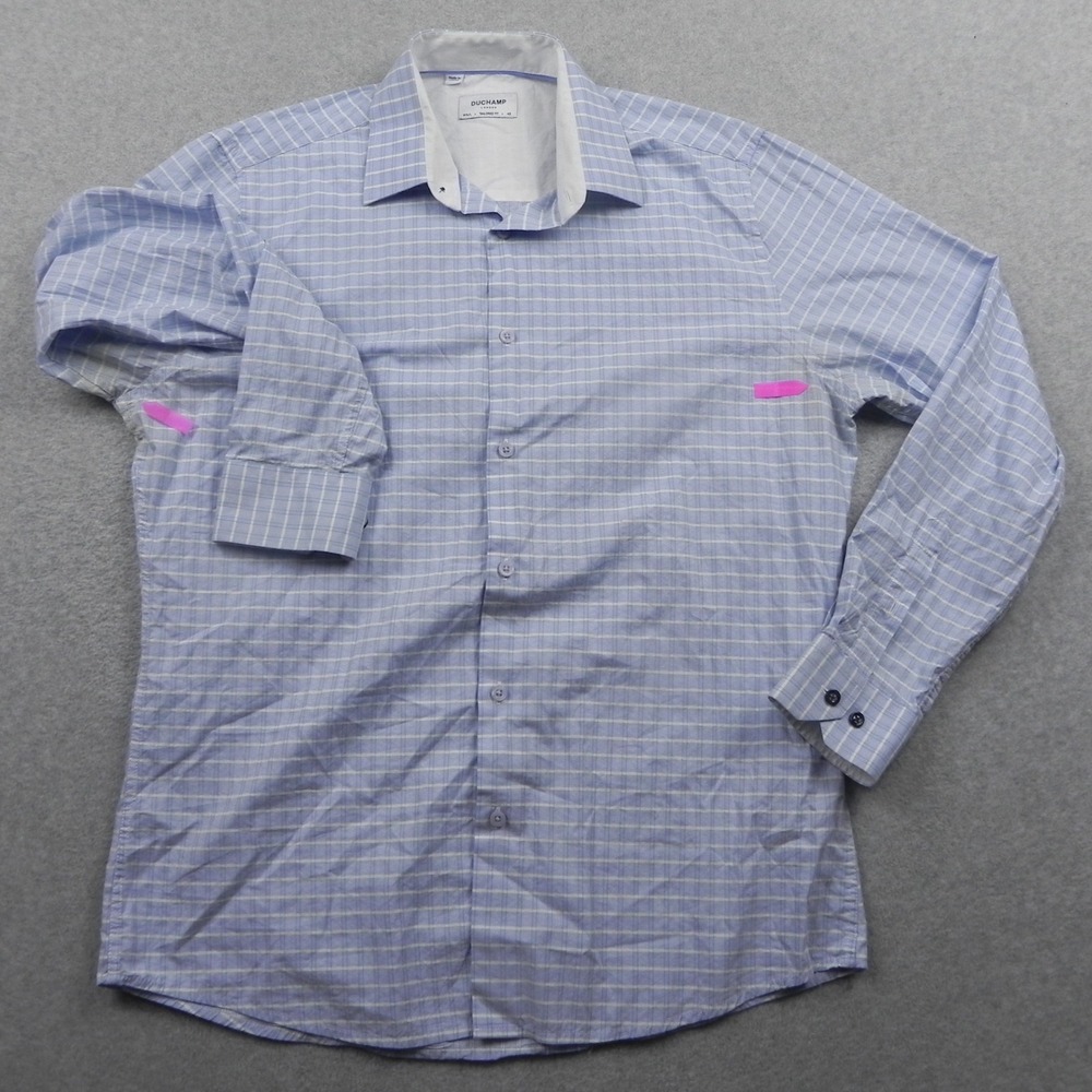 Duchamp London Shirt Mens 16.5 L Tailored Fit Blue White Grid Cotton Dobby L/S